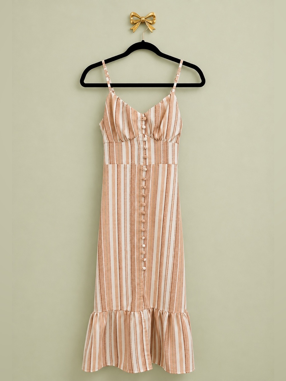 Striped Spaghetti‑Strap Midi Dress in Beige Stripe
